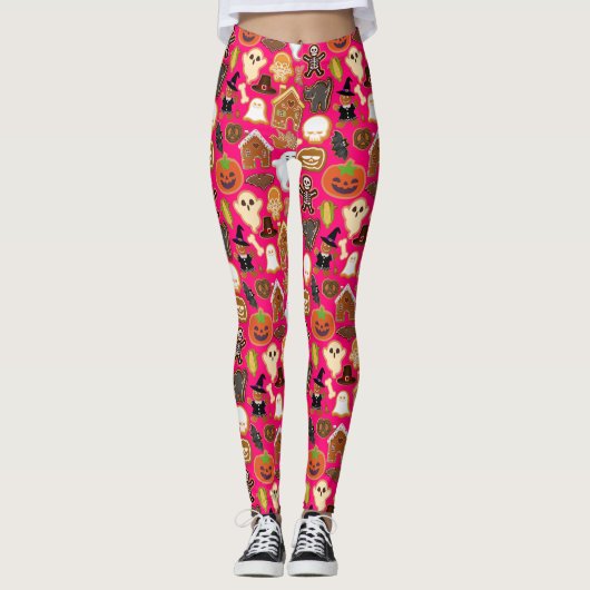Halloween Cookies Pattern Collectie B Pink BG Leggings (Voorkant)