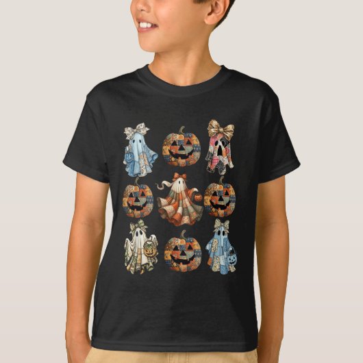 Halloween Coquette Bow Pumpkin Ghost Patchwork Spo T-shirt (Voorkant)