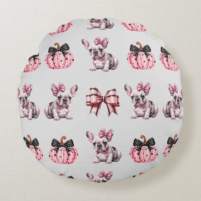 Halloween Coquette Bulldog Bow pompoen roze Rond Kussen (Voorkant)