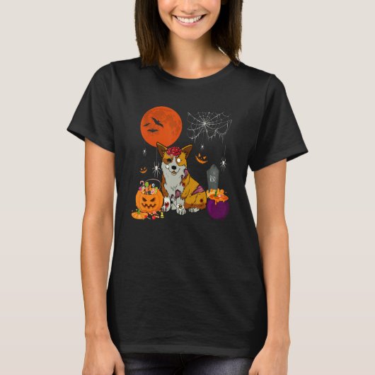 Halloween Corgi Dog Scary Zombie Costume Snoep Bas T-shirt (Voorkant)