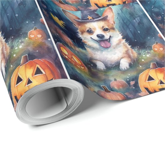 Halloween Corgi met pompoenen eng Cadeaupapier (Rol Hoek)
