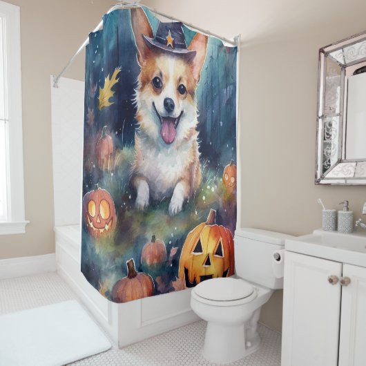 Halloween Corgi met pompoenen eng Douchegordijn (In situ)