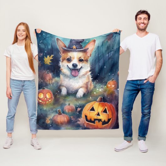 Halloween Corgi met pompoenen eng Fleece Deken (In situ)