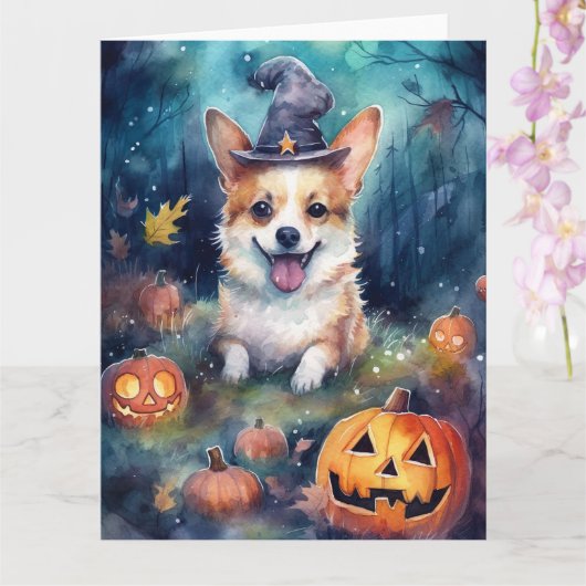 Halloween Corgi met pompoenen eng Kaart (Orchidee)