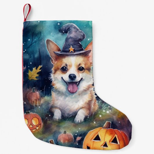 Halloween Corgi met pompoenen eng Kleine Kerstsok (Voorkant)