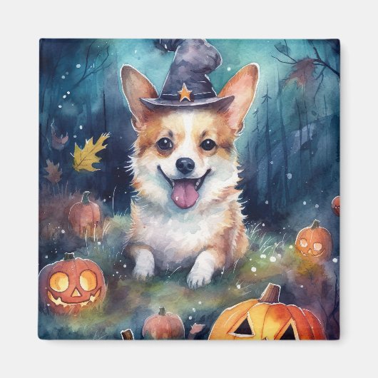 Halloween Corgi met pompoenen eng Magneet (Voorkant)