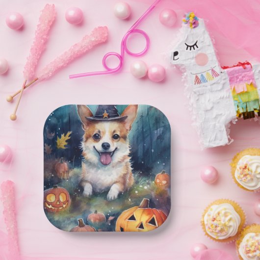 Halloween Corgi met pompoenen eng Papieren Bordje (Feest)