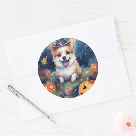 Halloween Corgi met pompoenen eng Ronde Sticker (Envelop)