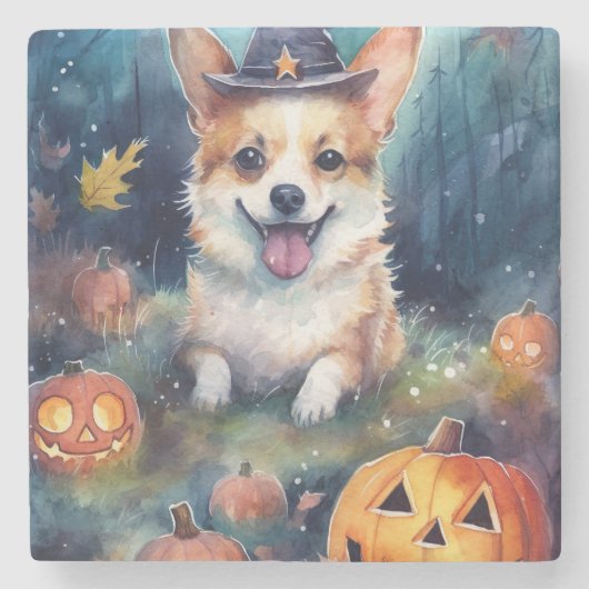Halloween Corgi met pompoenen eng Stenen Onderzetter (Voorkant)