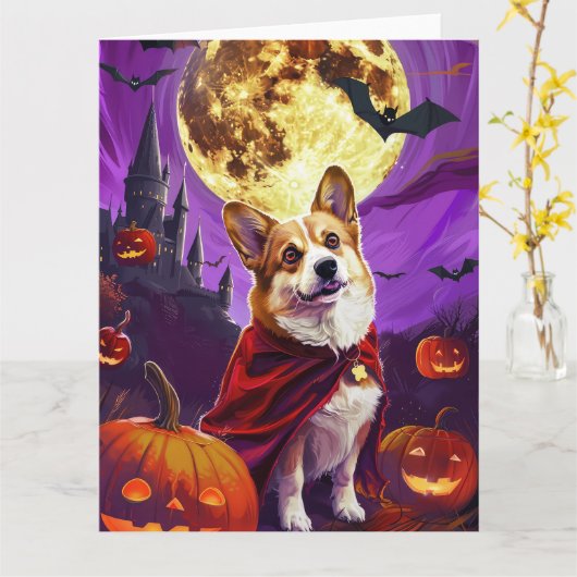 Halloween Corgi Vampire Pumpkins eng Kaart (Gele Bloem)