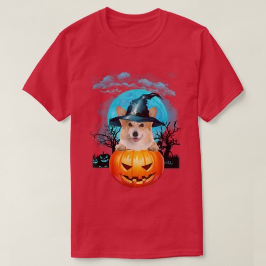 Halloween Corgi Witch Pumpkin en Blue Moon T-shirt (Design voorkant)