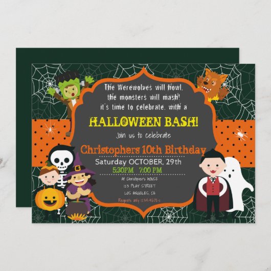 HALLOWEEN COSTUME BIRTHDAY BASH INVITATIE KAART (Voorkant / Achterkant)