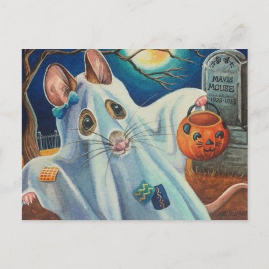Halloween Costume Ghost Mouse Waterverf Art Briefkaart (Voorkant)