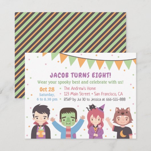 Halloween Costume Kids Birthday Party Invitations Kaart (Voorkant / Achterkant)