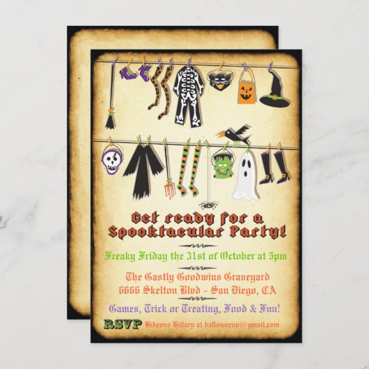 Halloween Costume Party Clothesline-uitnodiging Kaart (Voorkant / Achterkant)