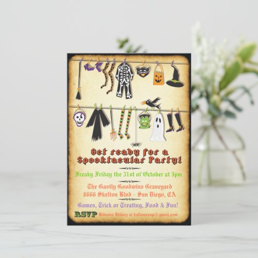 Halloween Costume Party Clothesline-uitnodiging Kaart (Staand voorkant)