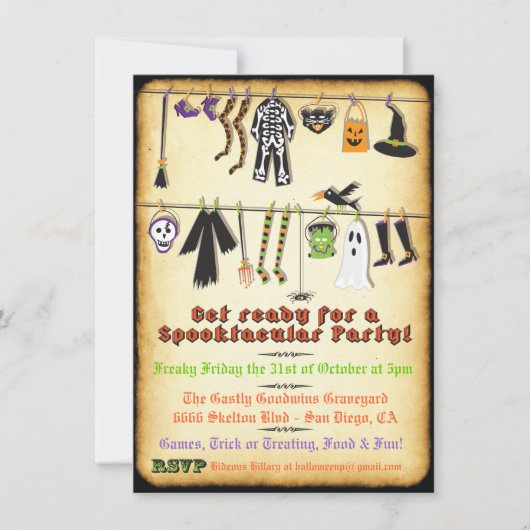 Halloween Costume Party Clothesline-uitnodiging Kaart (Voorkant)