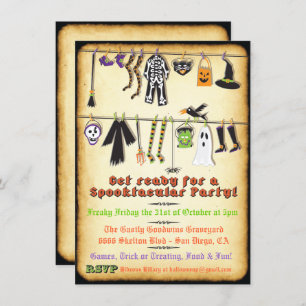 Halloween Costume Party Clothesline-uitnodiging Kaart