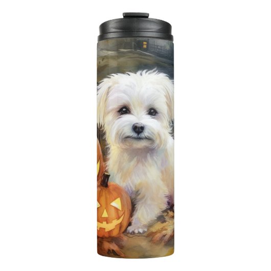 Halloween Coton De Tulear Met Pompoenen Eng Thermosbeker (Voorkant)