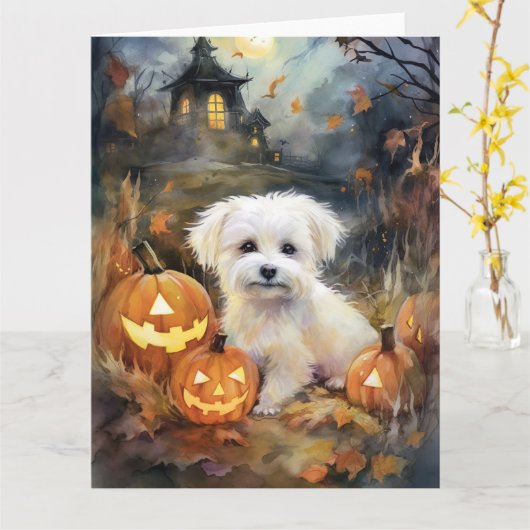 Halloween Coton De Tulear Met Pompoenen Griezelen Kaart (Gele Bloem)