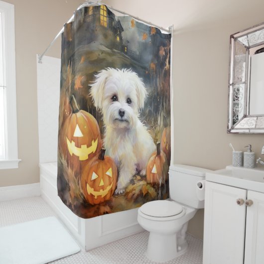 Halloween Coton de tulear with Pumpkins Scary Douchegordijn (In situ)