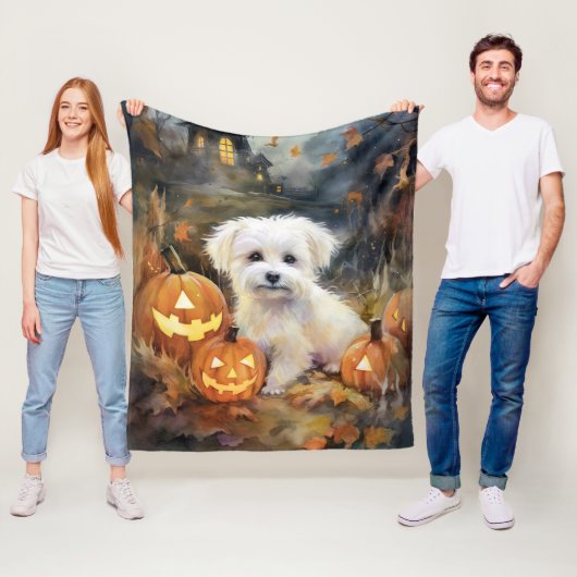 Halloween Coton de tulear with Pumpkins Scary Fleece Deken (In situ)