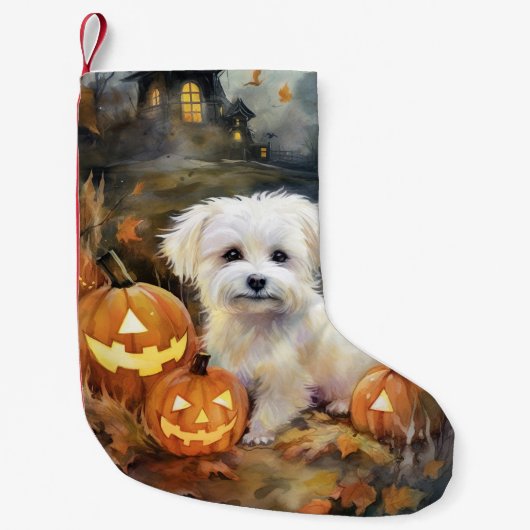 Halloween Coton de tulear with Pumpkins Scary Kleine Kerstsok (Voorkant)