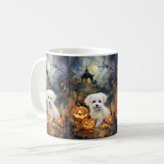 Halloween Coton de tulear with Pumpkins Scary Koffiemok (Voorkant links)