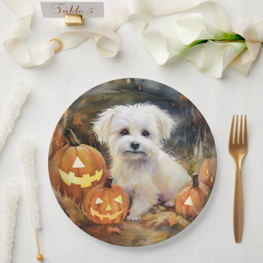 Halloween Coton de tulear with Pumpkins Scary Papieren Bordje (Huwelijk)