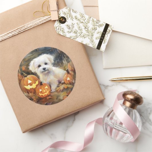 Halloween Coton de tulear with Pumpkins Scary Ronde Sticker (Geschenken)