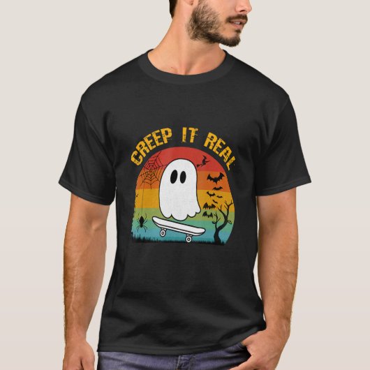 Halloween Creep Real Retro Skateboarding Ghost T-shirt (Voorkant)