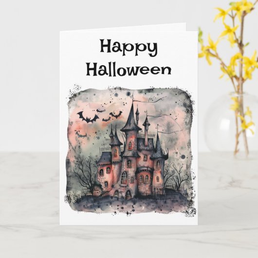 Halloween Creepy Haunted House Greeting Kaart (Gele Bloem)