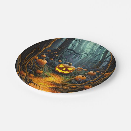 Halloween Creepy Jack o Lantaarn Pompoenen Papieren Bordje (Gekanteld)