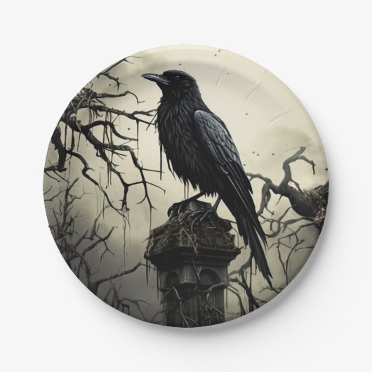 Halloween Creepy Raven Graveyard Cemetery Gothic Papieren Bordje (Voorkant)