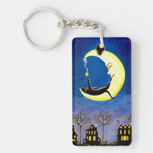 Halloween crescent maan en zwarte kattensleutelrin sleutelhanger