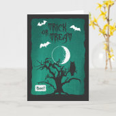 Halloween Crooked Tree Owl Moon Bats Gedicht Kaart (Gele Bloem)