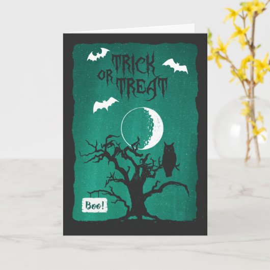Halloween Crooked Tree Owl Moon Bats Gedicht Kaart (Gele Bloem)