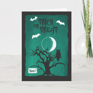 Halloween Crooked Tree Owl Moon Bats Poem Kaart
