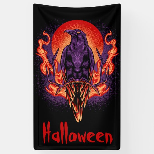 Halloween Crow met Flames Spandoek (Verticaal)