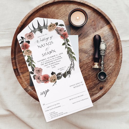 Halloween Crown Pink & Black Floral Wedding All In One Uitnodiging