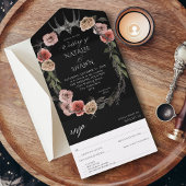 Halloween Crown Pink & Black Floral Wedding Black All In One Uitnodiging
