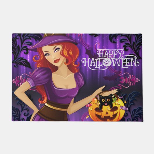 Halloween Custom grillige Schattigee heks Paarse Deurmat (Voorkant)