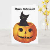  Halloween, Cute Black Cat in a Pumpkin Kaart (Gele Bloem)