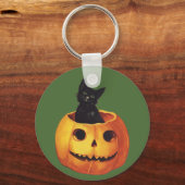  Halloween, Cute Black Cat in a Pumpkin Sleutelhanger (Voorkant)