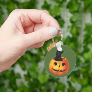  Halloween, Cute Black Cat in a Pumpkin Sleutelhanger