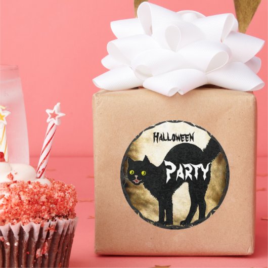 HALLOWEEN Cute Black Cat Printed Burnt Parchment Ronde Sticker (Feest)