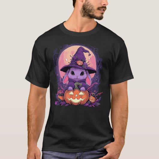 Halloween Cute Bunny Rabbit Witch Hat Jack o Lante T-shirt (Voorkant)