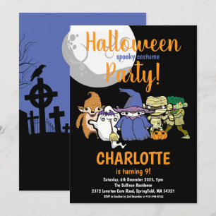 Halloween Cute Characters Moon Kids Birthday Party Kaart