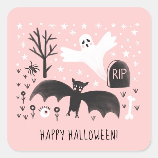 Halloween Cute Ghost Bat Black Pink Illustratie Vierkante Sticker (Voorkant)