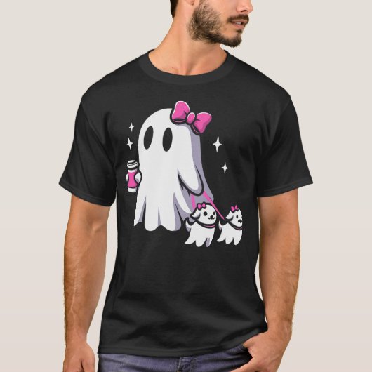 Halloween Cute Ghost Walking Dog Spooky Pink Coque T-shirt (Voorkant)